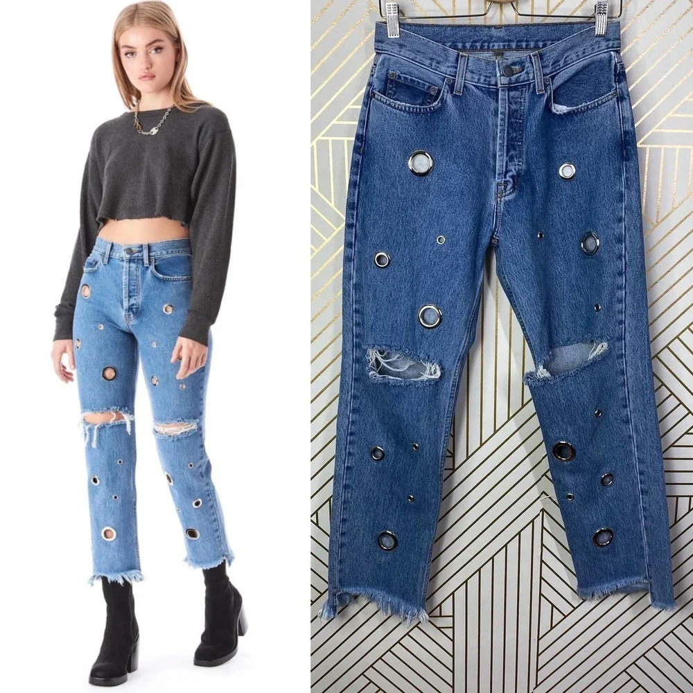 Carmar Emelia Gia Non-Stretch Distressed Grommet Jeans in Blue Size US 28